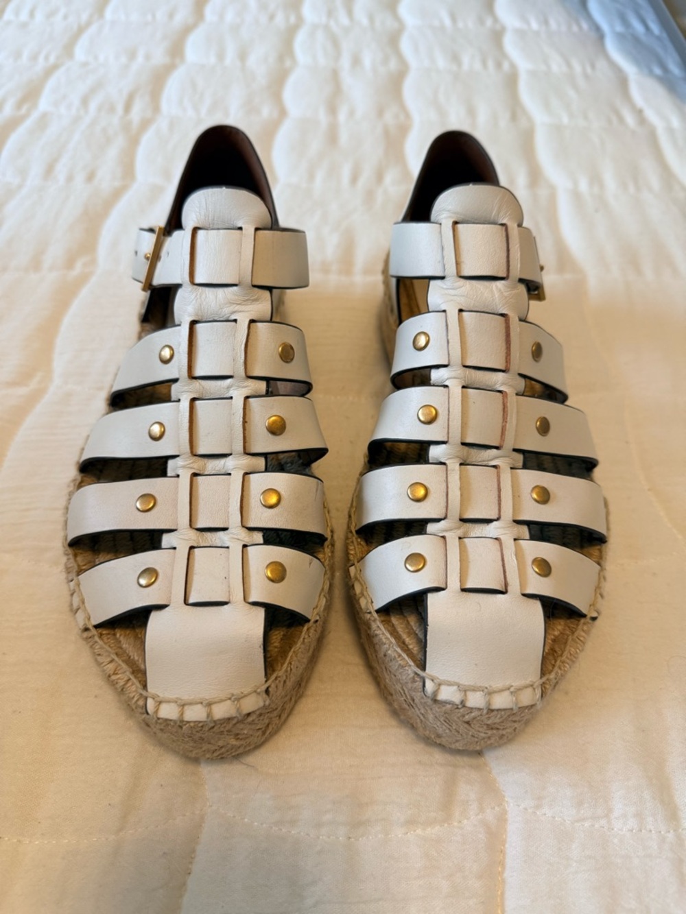 Tory Burch White Leather Studded Espadrille Sandals
